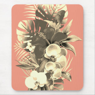 Tropical orchid palm leaves peach Hawaiian floral Mouse Mat