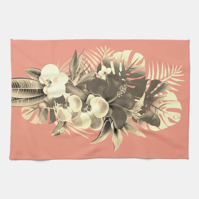 Tropical orchid palm leaves peach Hawaiian floral Tea Towel (Horizontal)