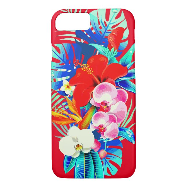 Tropical orchid palm monstera Hawaiian floral red Case-Mate iPhone Case (Back)