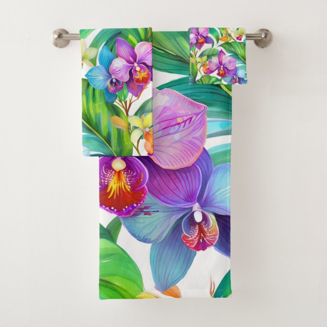 Tropical orchid pattern bath towel set (Insitu)