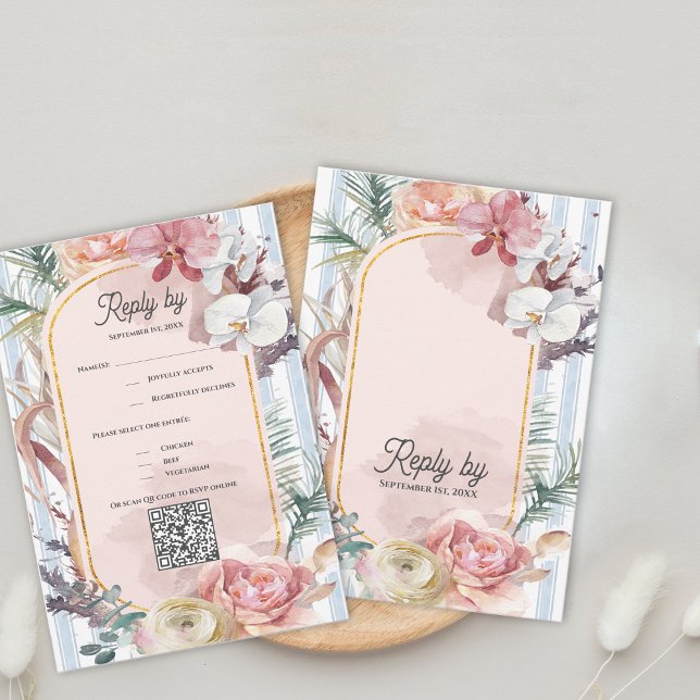 Tropical Orchid QR Code Destination Wedding RSVP Card (Tropical Orchid QR Code RSVP Card | Blush Floral Destination Beach Wedding Response)