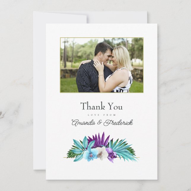 Tropical Orchid Wedding Photo Thank You Card (Front)