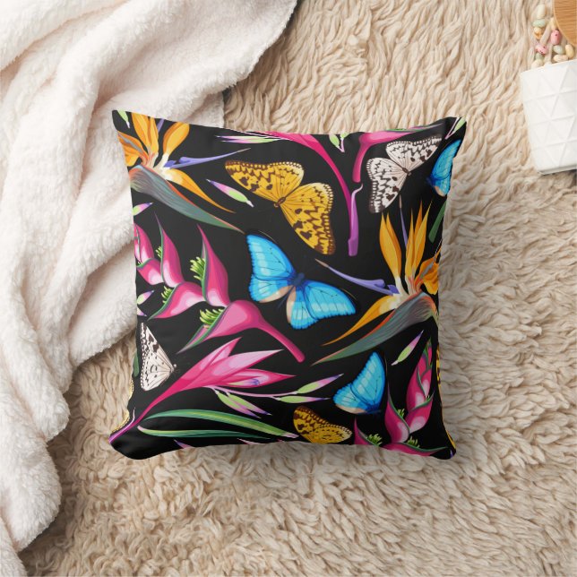 Tropical Orchids And Butterflies Throw Pillow (Blanket)