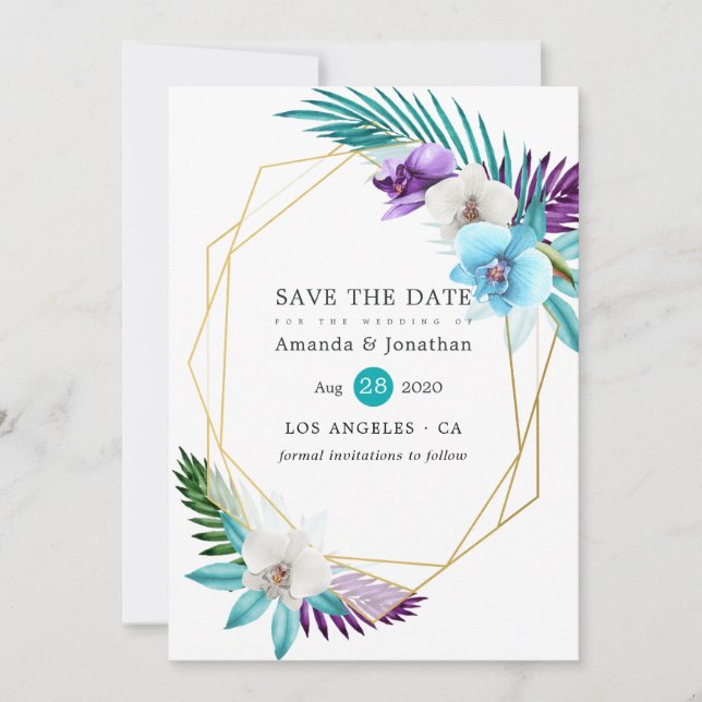 Tropical Orchids Beach Wedding Geometric Save The Date (Front)