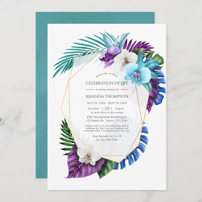 Tropical Orchids Geometric Celebration of Life Inv Invitation (Front/Back)