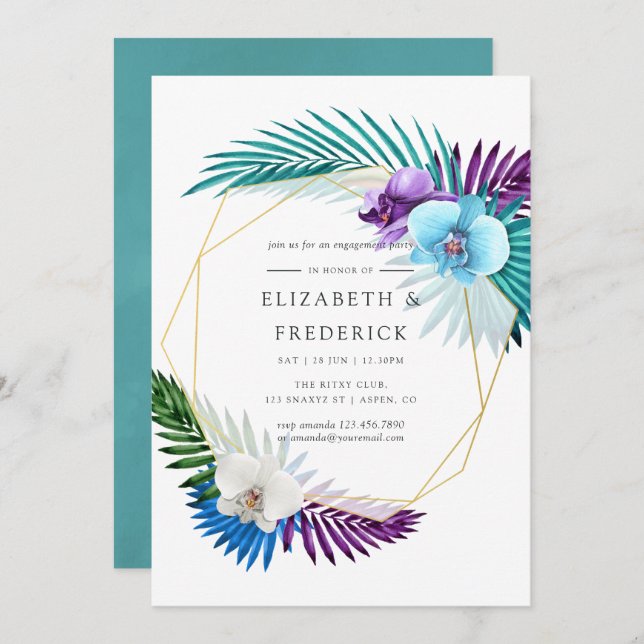 Tropical Orchids Geometric Engagement Party Invitation (Front/Back)
