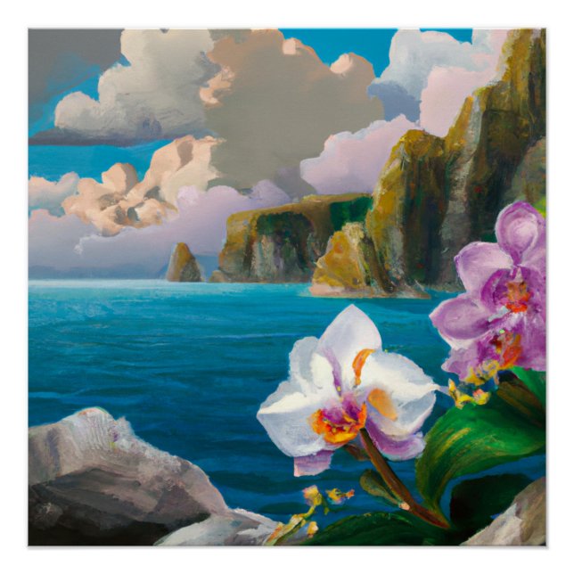 Tropical Orchids, Ocean, Cliffs and Clouds Poster (Front)