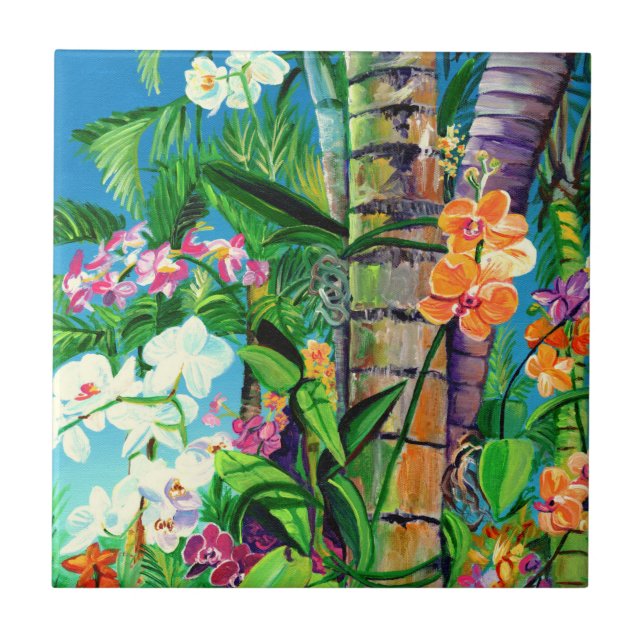 Tropical Orchids with Palm Trees Ceramic Tile (Front)
