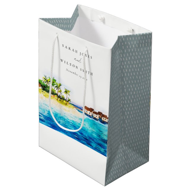Tropical Overwater Villa Seascape Beach Wedding Medium Gift Bag (Front Angled)