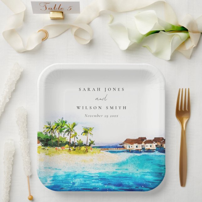 Tropical Overwater Villa Seascape Beach Wedding Paper Plate (Wedding)