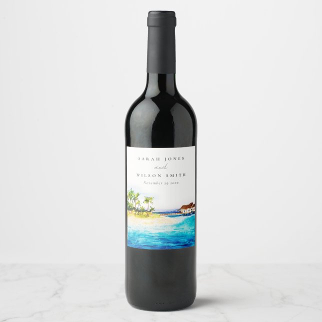 Tropical Overwater Villa Seascape Beach Wedding Wine Label (Front)
