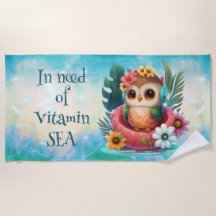 Tropical Owl Needs Vitamin Sea Beach Towel