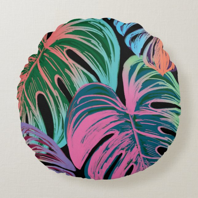 Tropical painted palm leaves round cushion (Front)