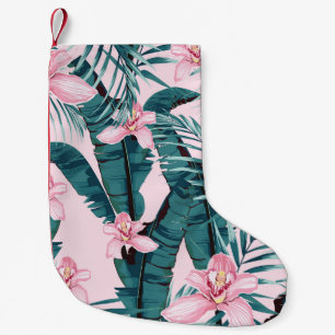 Tropical painting, palm, banana leaf small christmas stocking