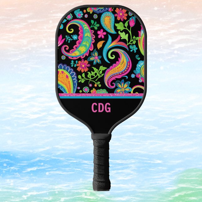 Tropical Paisley and Floral Pattern with Monogram Pickleball Paddle (Creator Uploaded)