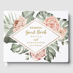 Tropical Palm and Roses Wedding Monogram Guest Book