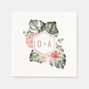 Tropical Palm and Roses Wedding Monogram Napkin