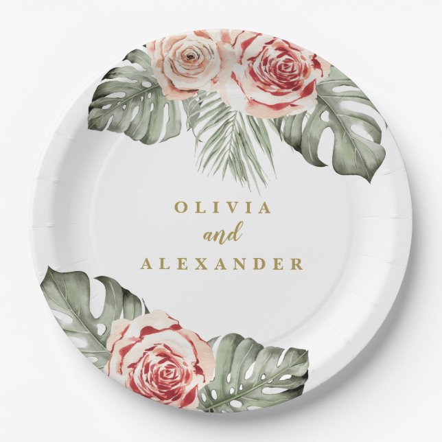 Tropical Palm and Roses Wedding Monogram Paper Plate (Front)