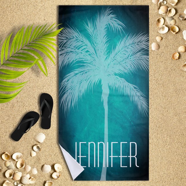 Tropical Palm Aqua Blue Personalised Beach Towel (Creator Uploaded)