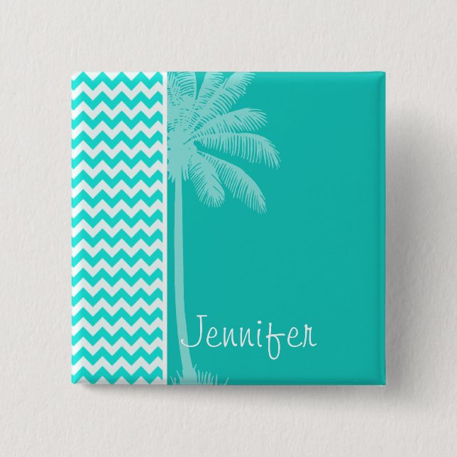 Tropical Palm; Aqua Colour Chevron 15 Cm Square Badge (Front)