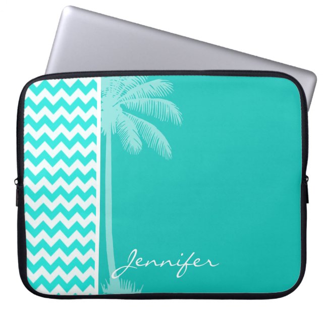 Tropical Palm; Aqua Colour Chevron Laptop Sleeve (Front)