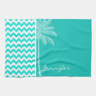 Tropical Palm; Aqua Colour Chevron Tea Towel