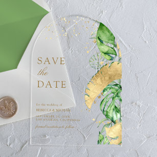 Tropical Palm Arch Gold Wedding Save the Date Acrylic Invitations