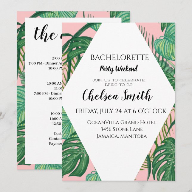 Tropical Palm Bachelorette Party Itinerary Detail Invitation (Front/Back)