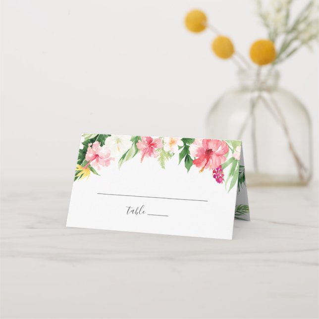 Tropical Palm Banana Leaf Blush Floral Wedding Place Card (Front)