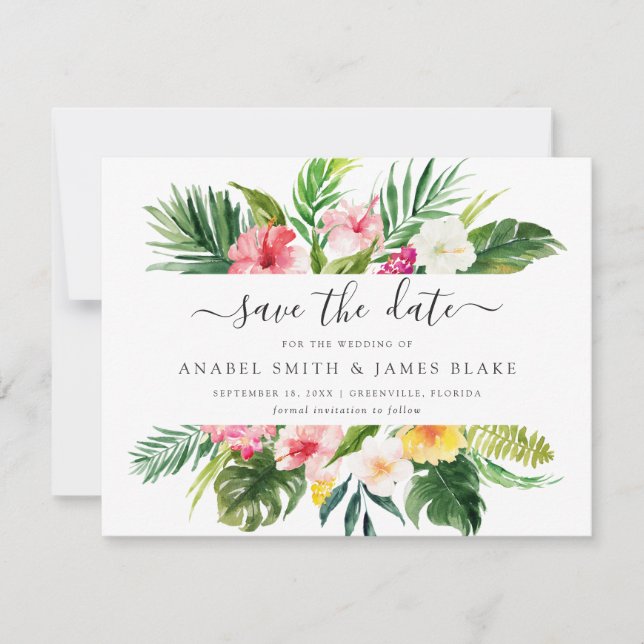 Tropical Palm Banana Leaves Floral Save the Date I Invitation (Front)