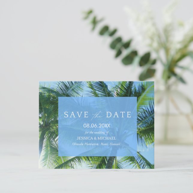 Tropical Palm Beach Budget Wedding Save the Date Announcement Postcard (Standing Front)