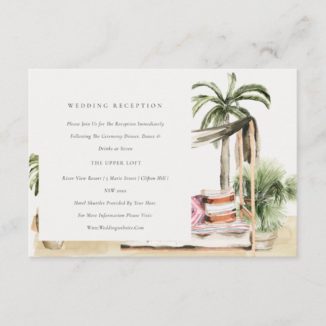 Tropical Palm Beach Cabana Wedding Reception Enclosure Card (Front)