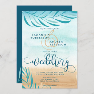 Tropical palm beach chic wedding script invitation