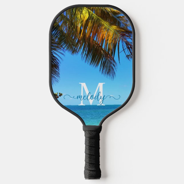 Tropical Palm Beach Photo Monogram Script Name Pickleball Paddle (Front)