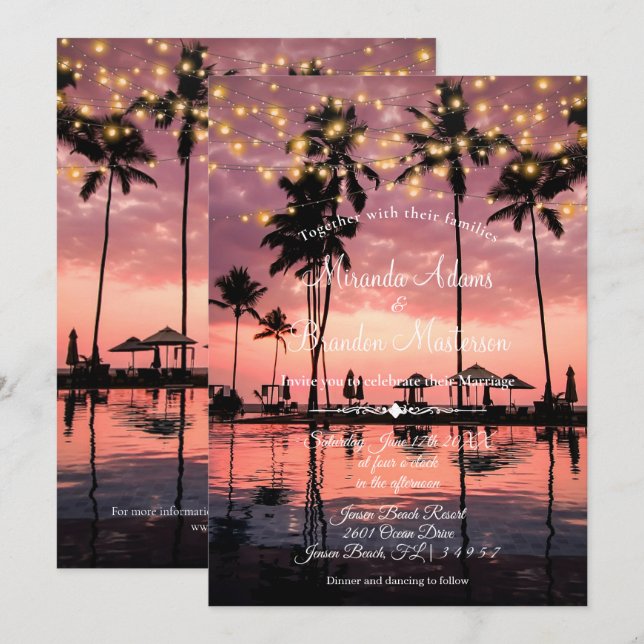 Tropical Palm Beach Summer Sunset Wedding Invitation (Front/Back)