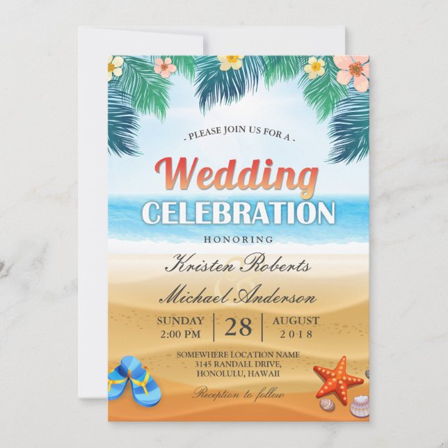 Tropical Palm Beach Summer Wedding Celebration Invitation (Front)