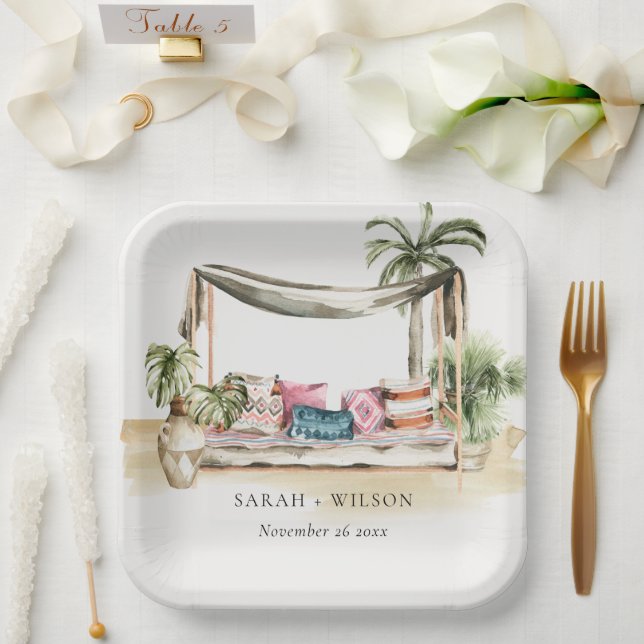 Tropical Palm Beach Watercolor Cabana Wedding Paper Plate (Wedding)