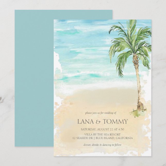 Tropical Palm Beach Watercolor Wedding Invitation (Front/Back)