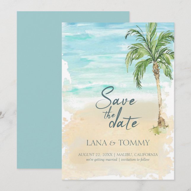 Tropical Palm Beach Watercolor Wedding Save The Date (Front/Back)