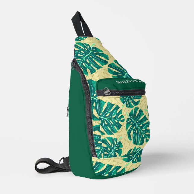 Tropical Palm Beige Hunter Green Sling Bag (Left Corner)