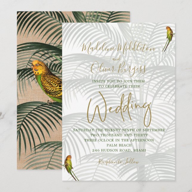 Tropical Palm Birds Elegant Rustic Gold Wedding Invitation (Front/Back)