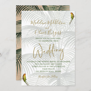 Tropical Palm Birds Elegant Rustic Gold Wedding Invitation
