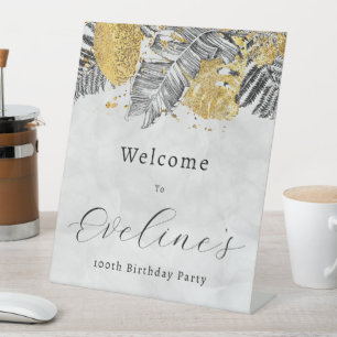 Tropical Palm Black Gold 100th Birthday Welcome Pedestal Sign