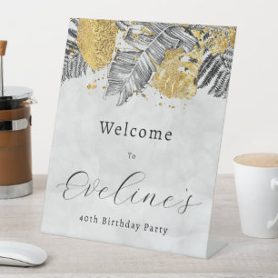 Tropical Palm Black Gold 40th Birthday Welcome Pedestal Sign