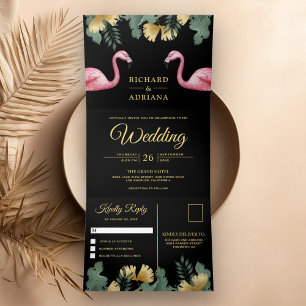 Tropical Palm Black Gold Flamingo Couple Wedding Tri-Fold Invitation
