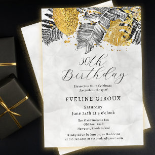 Tropical Palm Black White Gold 30th Birthday Invitation