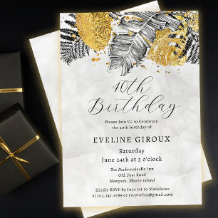 Tropical Palm Black White Gold 40th Birthday Invitation