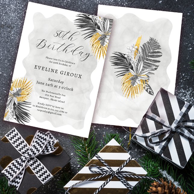 Tropical Palm Black White Gold 50th Birthday Invitation (Need matching tropical palm welcome signs or party supplies? Message me!)