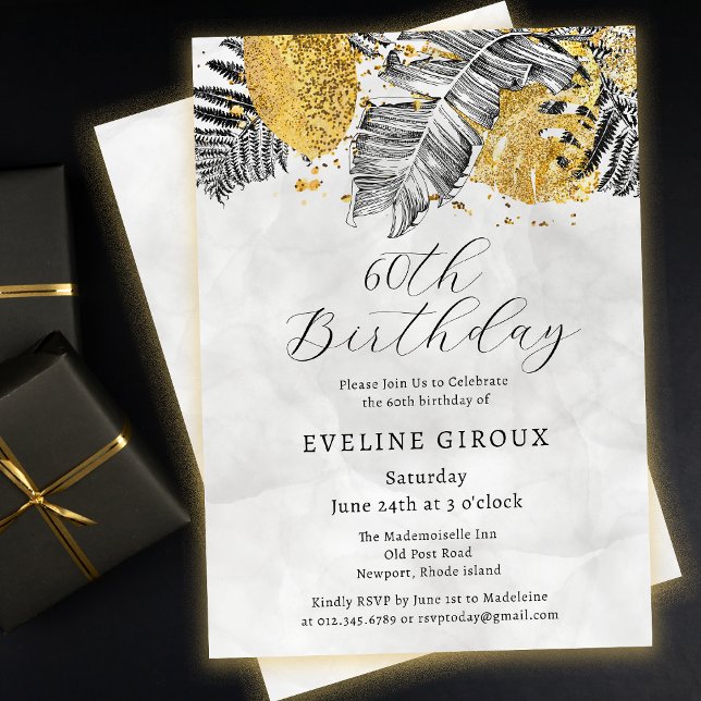 Tropical Palm Black White Gold 60th Birthday Invitation (Need matching black and gold tropical palm party supplies? Message me!)