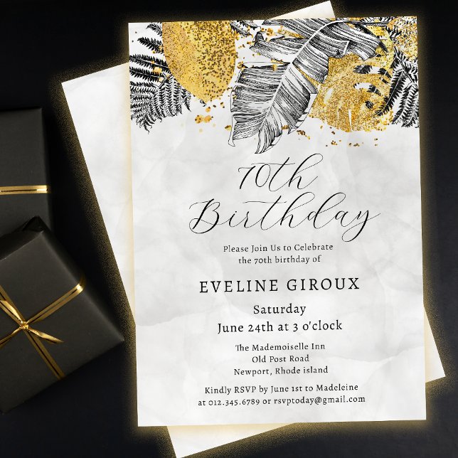 Tropical Palm Black White Gold 70th Birthday Invitation (Need matching black and gold tropical palm party supplies? Message me!)